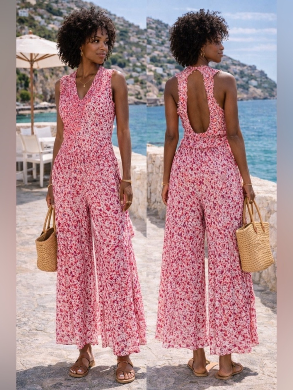 Poupette St Barth Pink Floral Jumpsuit XS Resort Boho Vacation V-Neck